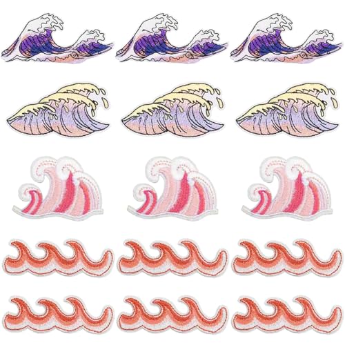 mancyz Wave Iron-on Patches, 15 Pieces Ocean Design Embroidered Appliques, Multicolor Decorative Patches for Clothes, Backpacks, Hats