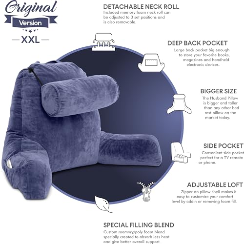 Image of Husband Pillow - Dark Blue, Big Backrest Reading Bed Rest Pillow with Arms, Plush Memory Foam Fill, Remove Neck Roll Off Bungee, Change Covers, Zipper On Shell of Bed Chair for Adjustable Loft