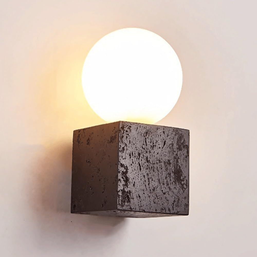 Modern Travertine Wall Sconce, Geometric Cube Wall Light with White Glass Globe Shade, Unique Natural Stone Ambient Decorative Lighting for Bathroom, Living Room, Bedroom, Hallway, Vanity.(Black)