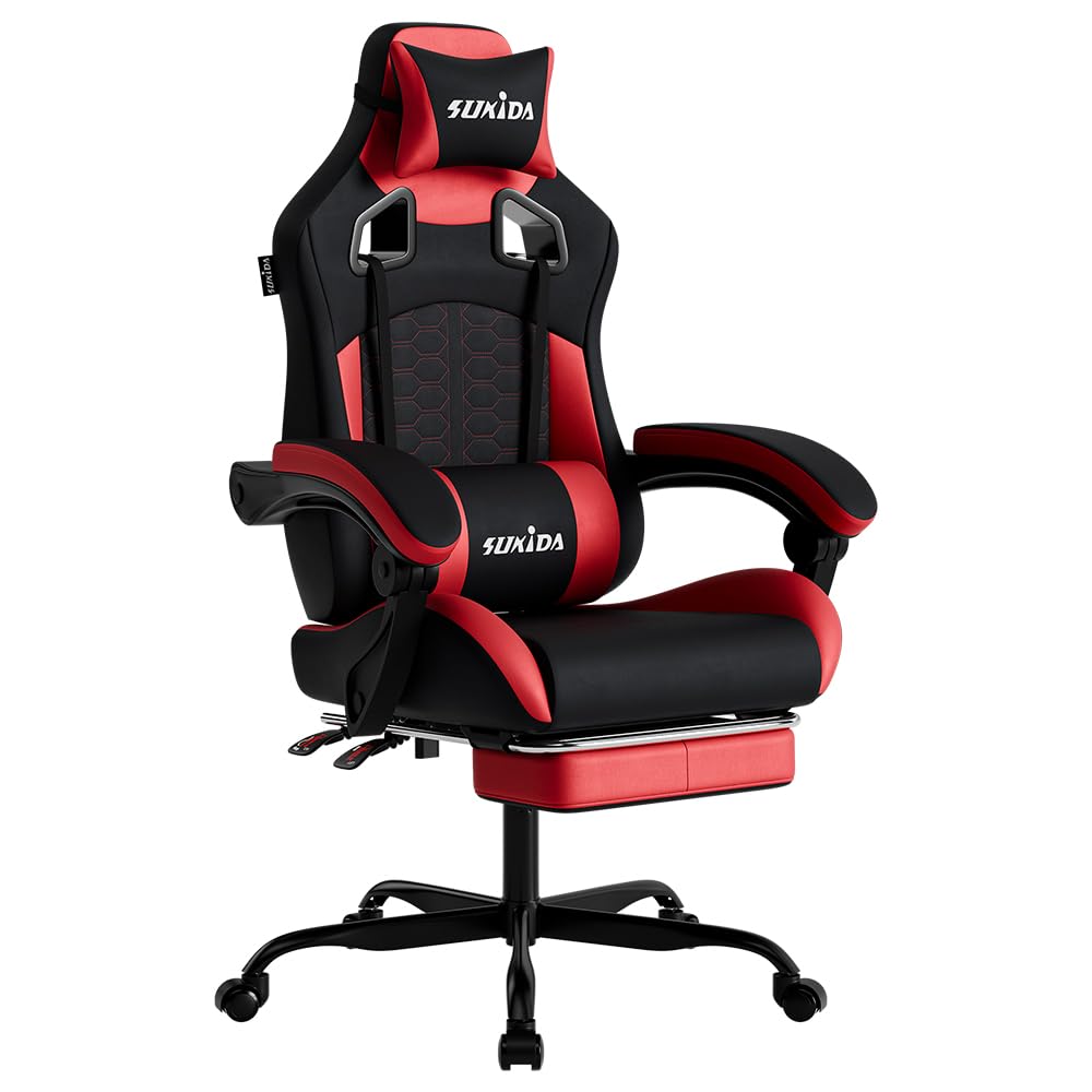 SUKIDA Silla ergonómica para Videojuegos con reposapiés, reposacabezas para Silla de Videojuegos, Silla de Videojuegos, Altura Ajustable, Soporte Lumbar para Oficina en casa y Juegos, Color Rojo