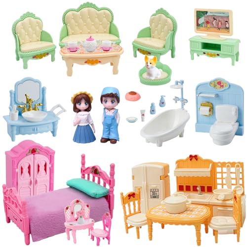 Princess Dollhouse Furniture Set, 48 Piece Luxury Miniature Accessories Collection with Living Room, Bathroom, Bedroom，Kitchen, TV Entertainment Set...