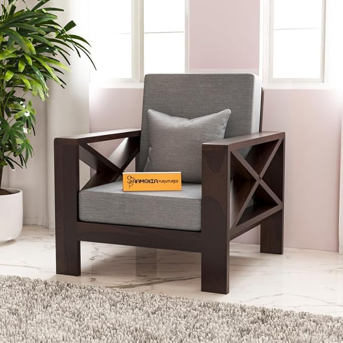 Image of Sheesham Wooden 1 Seater Sofa for Living Room | Rosewood 1 Seater Cushion Sofa X-Legs | Solid Wood Sofa Set for Lounge (1 Seater,Walnut Finish)