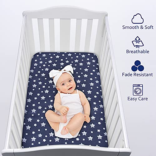 Baby Crib Sheets, Crib Sheets For Boys Girls, Baby Crib Fitted Sheet Snug Fit For Crib Mattress, Silky Soft Microfiber 52'' X 28'' Crib Sheet Fits Standard Size Crib, Navy Star #TOP4