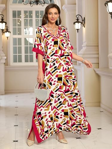 Image of KECVOT Kaftan Dresses for Women V-Neck Print Swimsuit Cover Up Plus Size Beach Caftan Lounge Dress