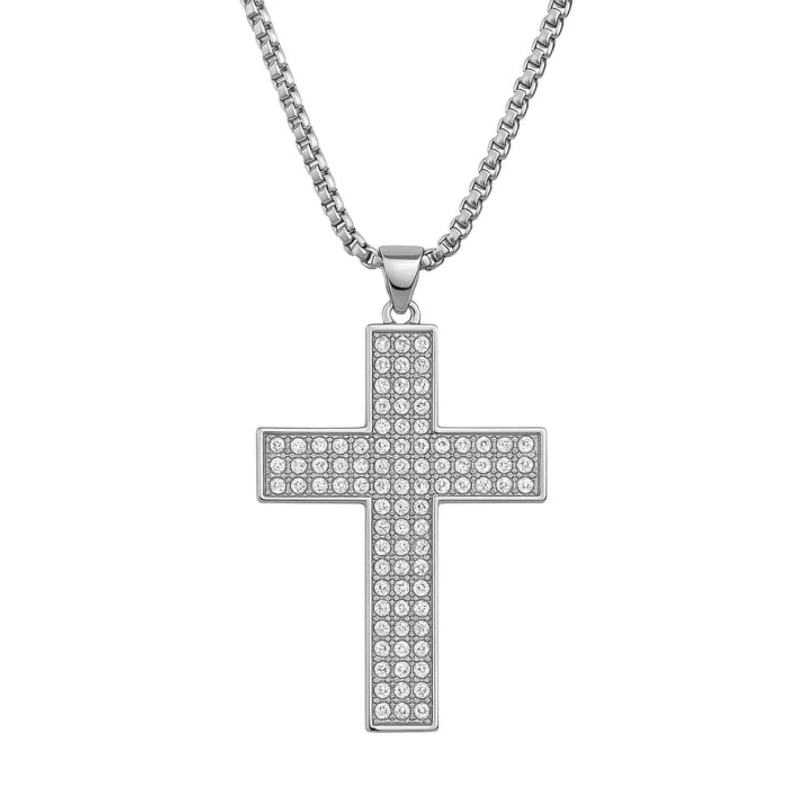 Men's Silver Cross Necklace - Iced out Cubic Zirconia Diamond Cross Pendant with Stainless Steel Box Chain, Hip Hop Jewelry for Men & Women, Christian Religious Gift-image-20
