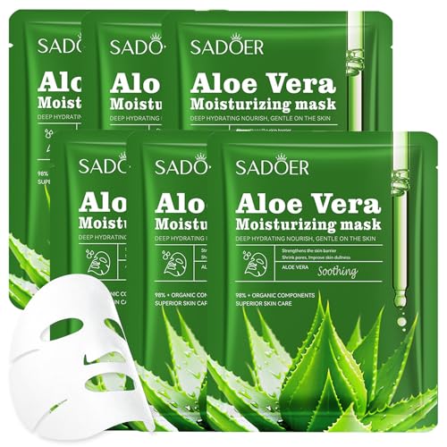 6 Stück Aloe Vera Maske Gesicht Feuchtigkeitsmaske Gesicht Aloe Vera Gesichtsmaske Tuchmaske Damen Gesichtspflege Beruhigende Maske After-Sun Repair Hautpflege Für Mädchen Frauen (25g)