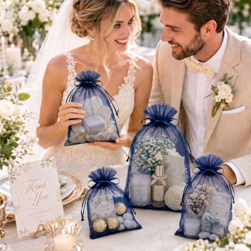 Image of FUNFERY 100PCS Navy Blue Sheer Organza Bags for Candy 3 inchx4 inch | Little Mesh Gift Bags with Drawstring, Small Jewelry Bags Party Favors, Mini Drawstring Pouch for Wedding Favors, Holidays