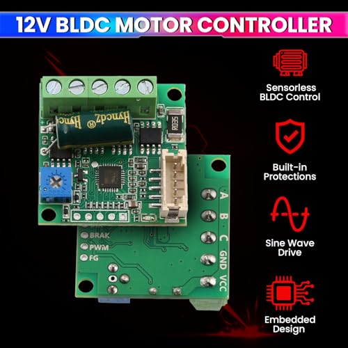 Image of amiciSmart DC 6-20V 60W Brushless Motor Driver Board - 3A BLDC Speed Controller for 3-Phase Hallless Motors | High-Speed Governor Module With Cable for DIY Electronics, Robotics & Small Motor Control