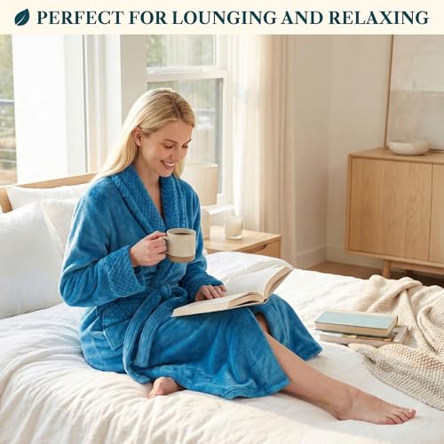Image of PAVILIA Women's Plush Fleece Robe, Soft Cozy Long Bathrobe with Satin Waffle Trim, Warm Lightweight, Pockets & Tie Belt