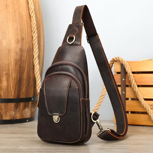 Image of NIUCUNZH Genuine Leather Sling Bag Front Metal-Latch Crossbody Bags Handmade Vintage Chest Shoulder Backpack for Women Men