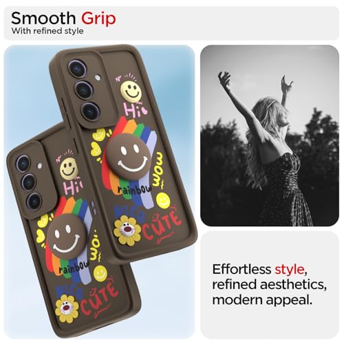 Image of Pikkme Back Cover for Samsung Galaxy S24 5G | Soft Silicone| Cute Rainbow Smile & 3D Cartoon Flower Design | Shockproof Raised Camera Protection Bumper Case (Brown)