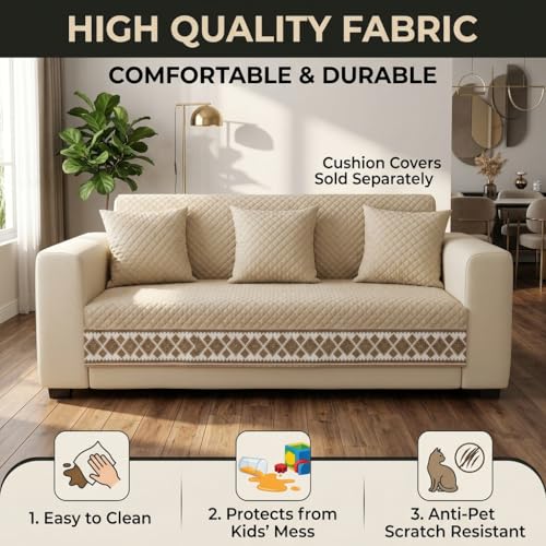 Image of KINGLY Sofa Cover 3 Seater Fully Covered | Stretchable Anti-Slip Slipcover | Washable Furniture Protector | Cream Beige | Seat & Back | Set of 2Pc