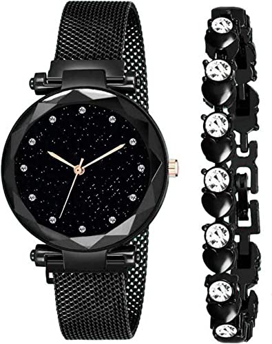 Evax Branded Analogue Diamond Studded Dial Magnet Watch with Gift Bracelet for Women or Girls and Watch for Girl or Women (Black) (B09QXPMGX2) Amazon Price History, Amazon Price Tracker