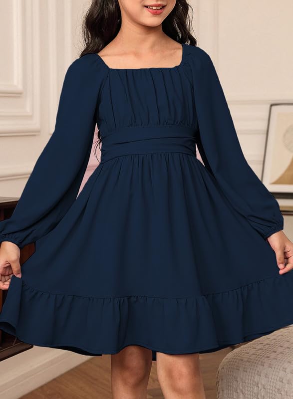 Girls Tie Back Off Shoulder Dress Ruffle Long Sleeve Fall Spring Dresses 4-15 Years2