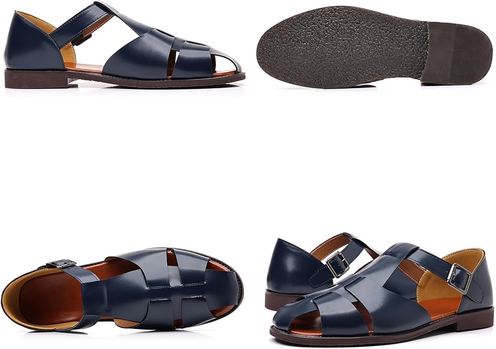 Men's Leather Hollow Flat Fisherman Sandals with Buckle, Men's Closed Toe Breathable Low Heel Non-slip Wading Roman Sandals for Beach, Leisure, Work, Driving, Travel, Walking3