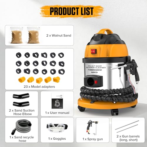 Walnuss Strahlgerät,Walnusssand-De-Carbon-Reiniger Ansaugventilreiniger zur Motordekarbonisierung mit 4,5 lbs Walnußschalenmedium und 23 Stück Adapter,220V HTS558