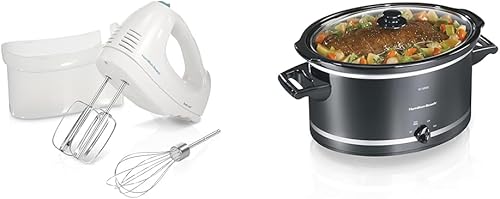 Hamilton Beach Batidora de mano eléctrica de 6 velocidades con batidor y olla de cocción lenta con 3 ajustes de cocción, vajilla de cerámica y