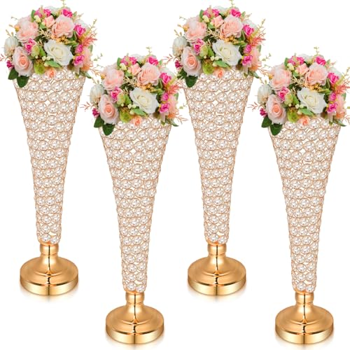 Rtteri 4 Pcs 20 Inch Tall Crystal Vase for Centerpieces Wedding Christmas Metal Crystal Trumpet Flower Vase Stand for Holiday Table Floor Wedding Banquet Celebration, Classic Elegance(Gold)