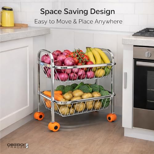 Image of OBEROI'S TRADERS Stainless Steel Vegetable & Fruit Storage Rack with Wheels, Kitchen Storage Basket Organizer, Rust Proof Stand for Onion, Potato, Fruits & Vegetables Trolley (2 Rack)