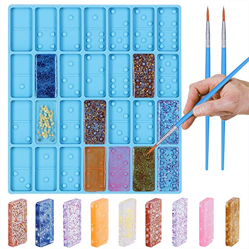 Domino Resin Molds, Tubala 28 Cavities Dominos Silicone Molds for Resin Casting Double 6 Epoxy Dominoes Mold Silicone Domino Game Molds with 2Pcs Painting Brushes for Personalized Dominoes