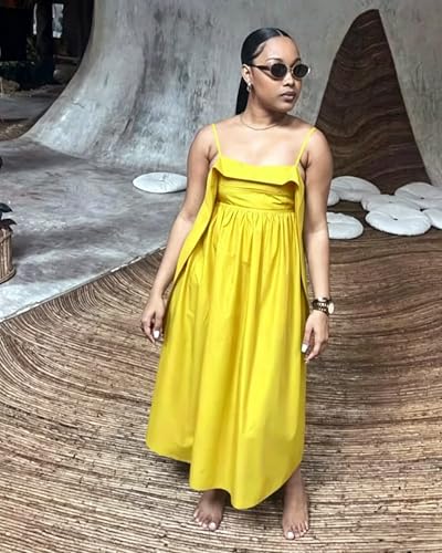 Image of YUEWOO Midi Dresses for Women Casual Summer Sundresses Vacation Outfits Spaghetti Strap Smocked Women Maxi Dress with Pockets