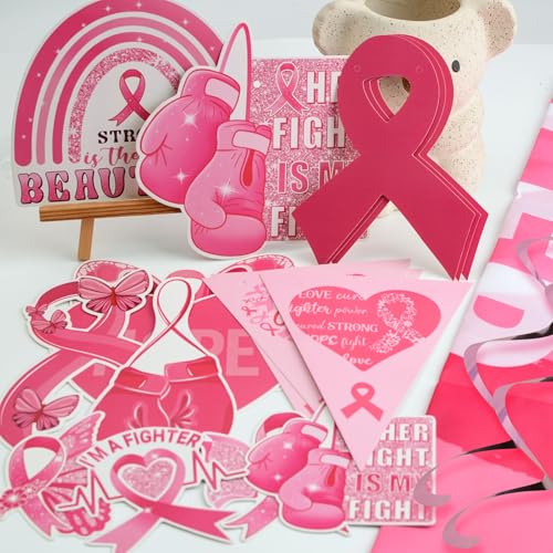 WANDIC Pinkes Band-Set, 9 hängende Ornamente, 9 hängende Wirbel, 34 Banner, 1 Hintergrundbanner für Brustkrebsbewusstsein