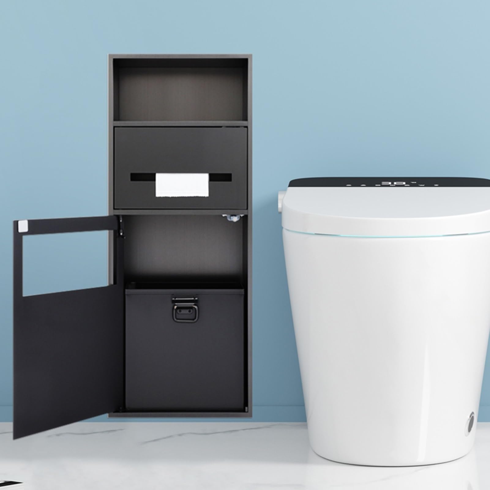 Edelstahl-Duschregal mit integriertem Mülleimer, wasserdichter Badezimmer-Nizer für Toilettenpapier, Shampoo und Toilettenartikel, Grau, 28 x 70 x 1 – Heimwerkerbedarf