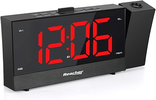 REACHER Radio despertador de proyección con alarma dual temporizador de sueño USB 0-100 atenuador y opción de tiempo de repetición para dormitorio