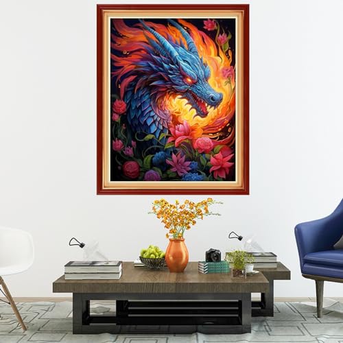 Image of Dooxvey Cross Stitch Kits for Adults Stamped Full Range of Embroidery Starter Kits for Beginners 11CT Printed Cross Stitch Patterns Needlepoint Kits Stamped Crossstitch-Flower Dragon 16x20 inch