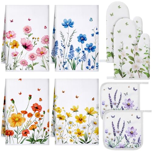Bencailor 8 Pcs Kitchen Towel Pot Holders and Oven Mitts Set Kitchen Decoration 4 Dish Towels 2 Retro Oven Mitts 2 Potholders for Housewarming Gift Cooking Baking Grilling(Flower,Multicolor)