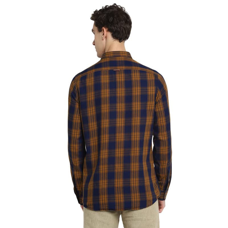 Image of Turtle Men Khaki Cotton Checked Slim Fit Shirts