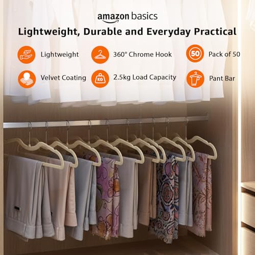 Image of Amazon Basics Velvet Hangers - Cream Color with Notches, Lightweight Plastic Frame, Soft Touch Coating, 2.5 kg Capacity, Pack of 50 (Size: 42L x 15H x 0.5W cm)