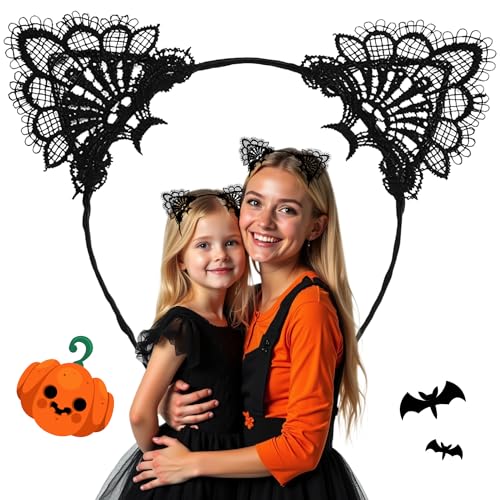 wonderCat LONDON Halloween Cat Ears Headband Black Cat Ears Hair Accessory for Cosplay Fancy Dress Masquerade & Party Costumes (Lace Style)