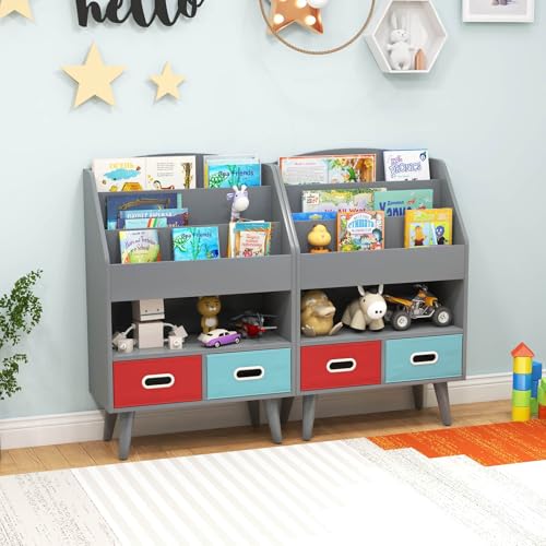 HONEY JOY Kids Bookshelf, Children Book Display Rack with 3-Tier Bookshelves, Open Compartment & 2 Fabric Drawers, Bookcase Toy Organiser for Playroom, Classroom & Nursery, for Toddlers 3+ Years, Grey - Image 3