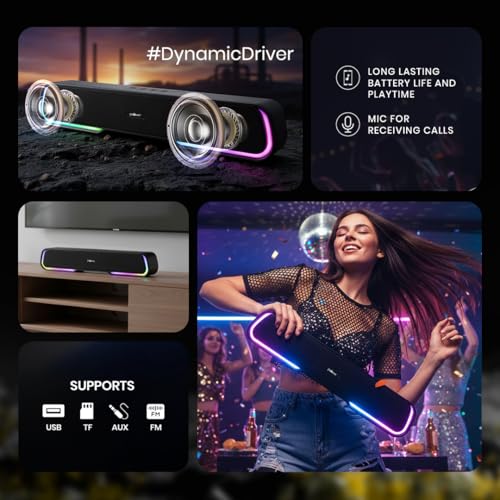 Image of Grooves Specturm Soundbar, 16W Signature Sound, RGB LEDs, Dual Full-Range Drivers, Upto 5H Battery, TWS, Multi Ports, Bluetooth Sound bar, Home Theatre Soundbar Speaker (Premium Black)