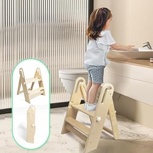 WOOD CITY Toddler Step Stool Foldable for Bathroom Sink Adjustable 2 Step Stool for Kids Toilet Potty Training Stool with HandlesChild Kitchen Counter Stool Helper Montessori Kitchen Stools