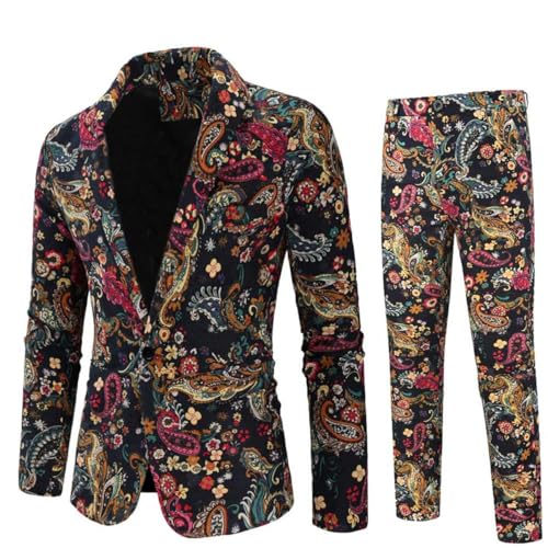 Cloudstyle Mens 2 Piece Print Suit Floral Party Dress Jacket Slim 2 Button Blazer Pants