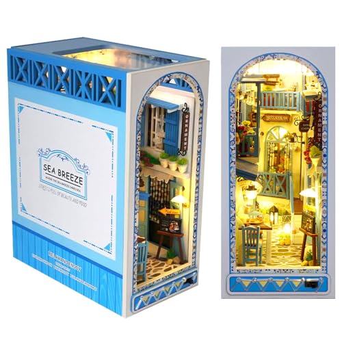 KBIBCK DIY Book Nook Kit, 3D Puzzle Buchstützen aus Holz, DIY Miniatur Puppenhaus Kit, DIYs Miniatur Haus mit LED Leuchten und Möbeln, Modellbausätze für Erwachsene zum Bauen (Meeresbrise-Stil)