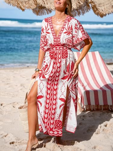 Image of CUPSHE Womens Tropical Floral Maxi Dress V Neck Short Sleeve Smocked Side Slit Dress Summer Vacation Beach Pocket Long Dress