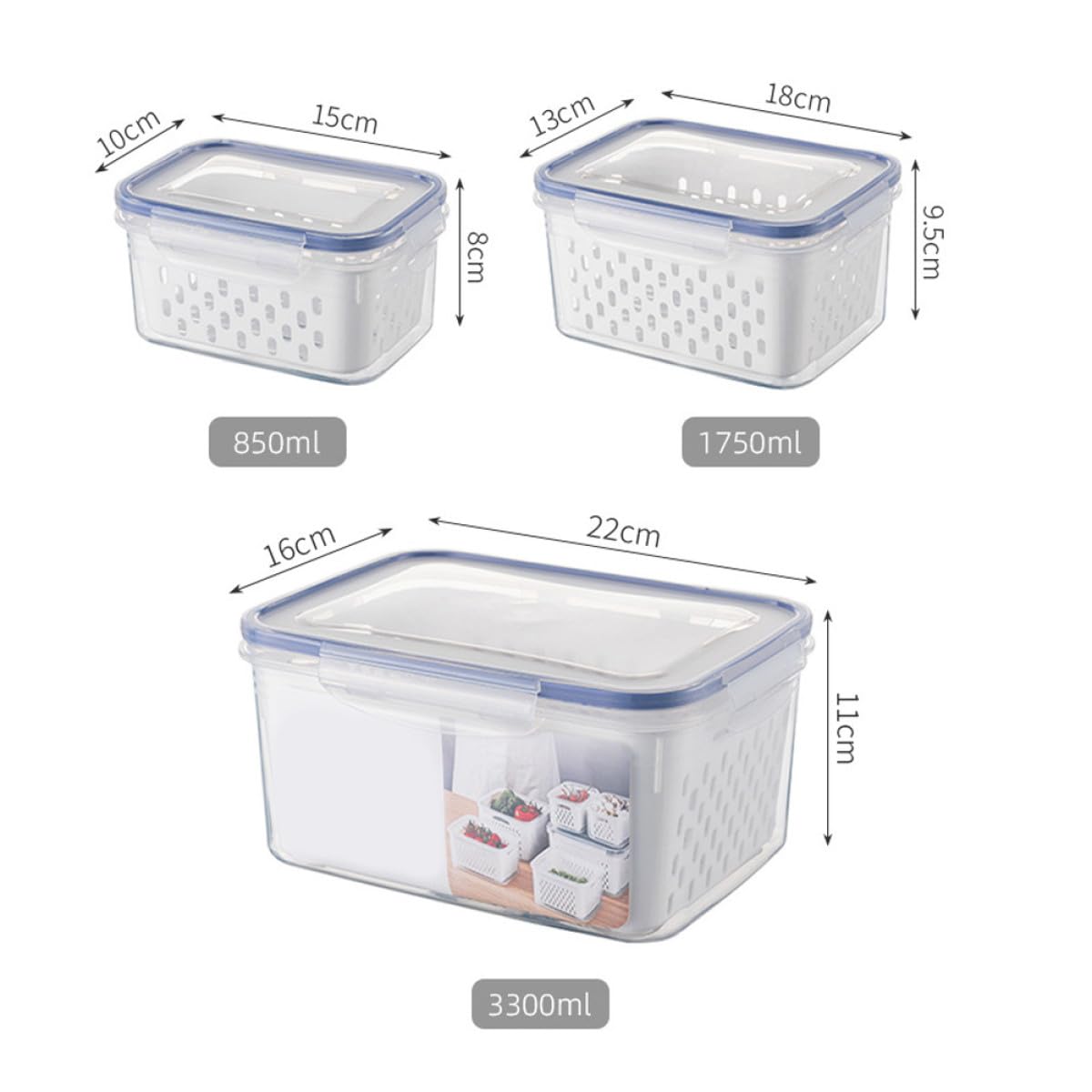SHINEOFI Contenedores de Alimentos Rectangulares 3 Piezas Transparentes con Tapa y Cesta Escurridora Desmontable para Refrigerador, Cajas Herméticas para Frutas y Verduras, Almacenamiento