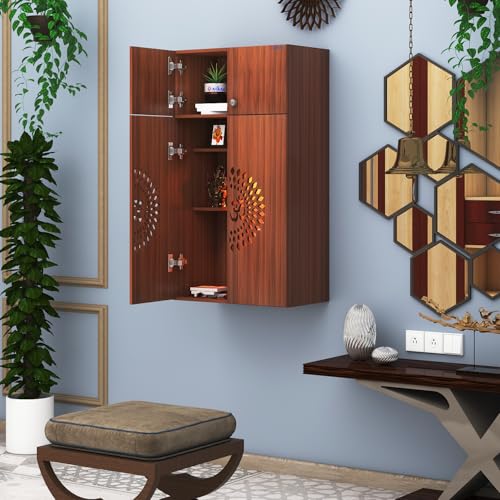 Image of Anikaa OMYA Engineered Wood Home Temple Wall Mount & Floor Standing Wooden Modern Pooja Mandir with LED Light, Om Laser Cut Design | Storage Cabinet with Hinge Doors (Walnut, DIY Installation)