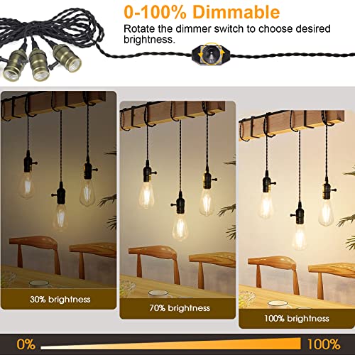 Vintage Pendant Light Kit Cord With Dimming Switch And Triple E26/E27 Industrial Light Socket Lamp Holder 25Ft Twisted Black Cloth Bulb Cord Plug In Hanging Light Fixture #TOP1