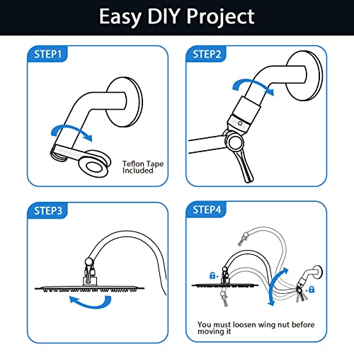 Pdpbath 10" Rain Shower Head With 12" Adjustable Height & Distance Extension Arm, 304 Stainless Steel High Pressure Rainfall Showerhead, All Metal Round Waterfall Showerhead With Extender - Chrome #TOP6