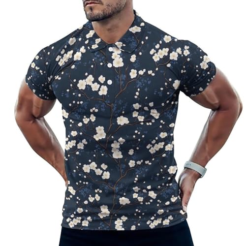 Polo de golf pour homme imprimé fleur de prunier bleu marine
