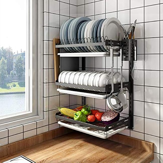 Black 201 Stainless Steel Wall-Mounted Drain Rack Dish Perforated Installation Kitchen - 2 Layers / 3 Layers./3