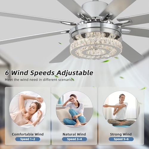 YYEHON 72 inch Crystal Ceiling Fan with Lights and Remote，DIY 3-Style Design，Modern Ceiling Fan for Living Room Patio，6 Speed Reversible DC Motor，8 Blades，3 CCT，Indoor/Outdoor (Chrome) by YYEHON - Used condition - Image 6