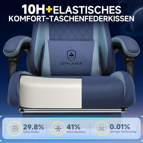 Image of GTPLAYER Gaming Chair, Ergonomic Fabric Gamer Chair with Lumbar Support, PC Chair with Widened Backrest, Maximum Load 150 kg, Dark Blue