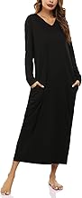Marvmys Women Cotton Long Nightgowns Long Sleeves Nightshirts V Neck Full Length Sleep Shirts with Pocket