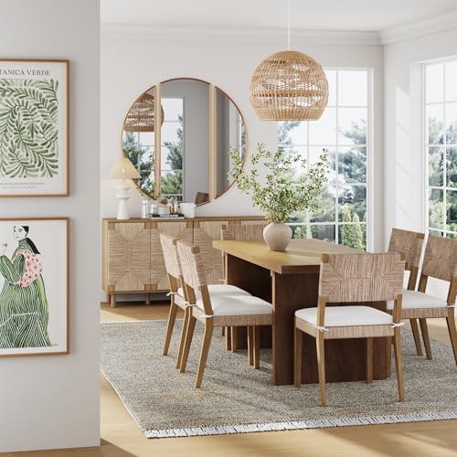 Image of Beacon Boho Dining Chair Set of 6, Boucle Dining Chair with Seagrass Accent and Solid Wood Legs, Cream Boucle /Light Brown
