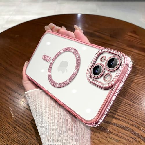 MZELQ Compatible with iPhone 15 Plus Case Plating Electroplate Magnetic [Support for Magsafe] Bling Glitter Sparkly Diamond Camera Lens Cover Crystal Matte Luxury Case for Girls Women -Pink